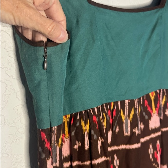 Anthropologie Diodore Elephant March Dress Fall Safari Indie Brown Pink Teal - Picture 8 of 8